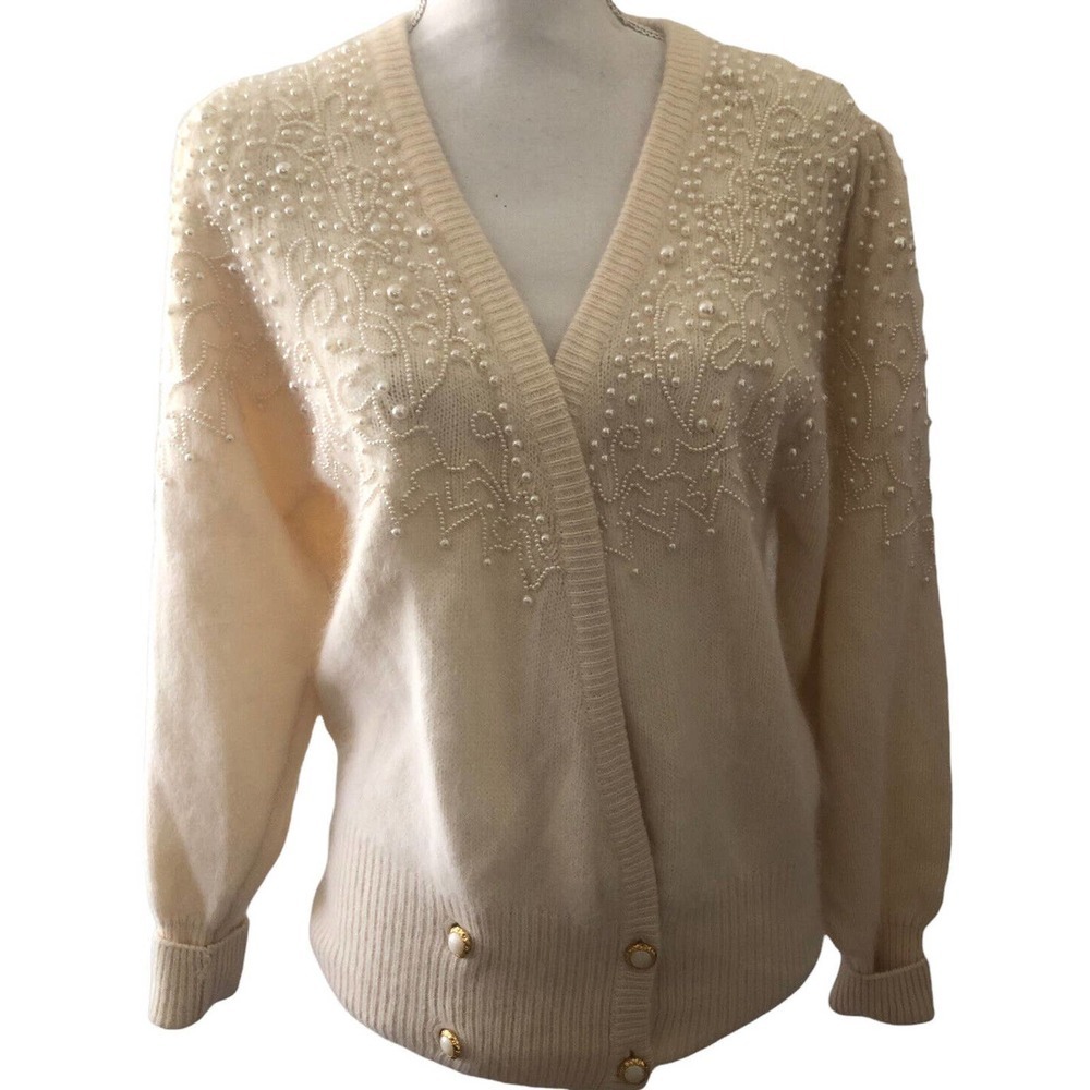Vintage Sideffects Cream Knit Lambswool Angora Rabbit Hair Sweater Pearls M